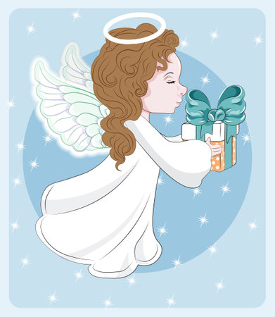 girl, Christmas angel, in white dress with gift, picture in hand drawing cartoon style, for t-shirt wear fashion print design, greeting card, postcard. baby shower. party invitationのイラスト素材
