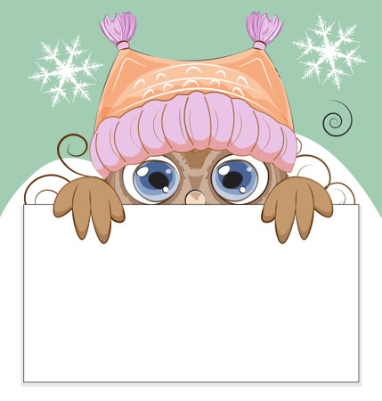 winter Owl with big eyes in pink hat. frame, picture in hand drawing cartoon style, for t-shirt wear fashion print design, greeting card, postcard. baby shower. party invitationのイラスト素材