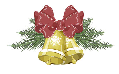 Vector Christmas spruce branches, with golden bells with red bow, new year symbol, picture in hand drawing cartoon style, for greeting card, postcard. baby shower. party invitationのイラスト素材
