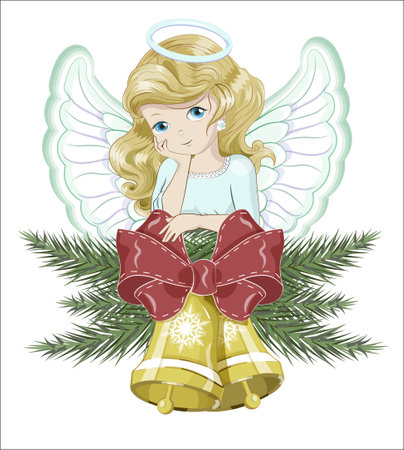 Christmas angel and spruce branches, with golden bells with red bow, new year symbol, picture in hand drawing cartoon style, for greeting card, postcard. baby shower. party invitationのイラスト素材
