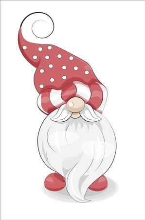 Cute funny gnome with big beard and big cap, picture in hand drawing cartoon style, for t-shirt wear fashion print design, greeting card, postcard. baby shower. party invitationのイラスト素材