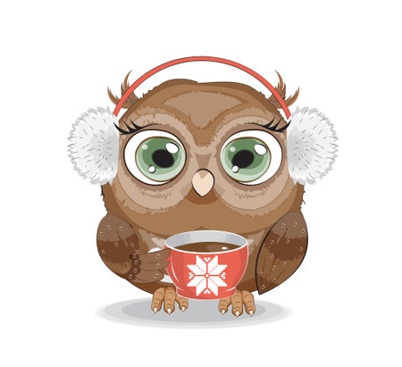Cute vector happy new yaer. Merry Christmas, owl in fur headphones, headphones with hot coffee, tea cup, picture in hand drawing style.のイラスト素材
