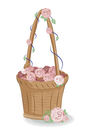 cute basket with flower roses, picture in hand drawing cartoon style for greeting card. postcardのイラスト素材
