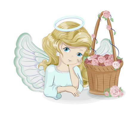 cute basket with flower roses and blomde girl angel, picture in hand drawing cartoon style for greeting card. postcardのイラスト素材