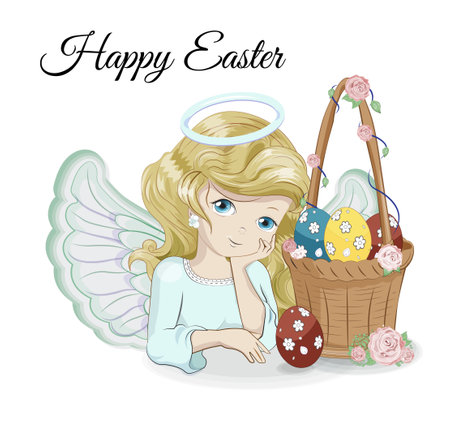 cute basket with eggs, roses and blomde girl angel, picture in hand drawing cartoon style for Happy Easter greeting card. postcardのイラスト素材