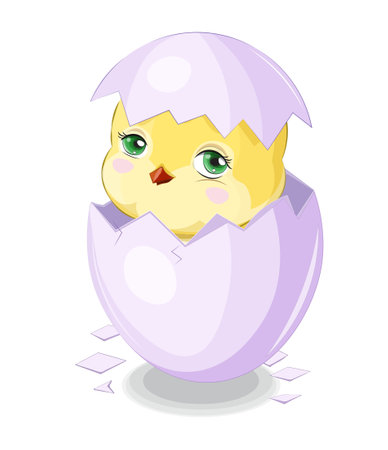 Cute baby newboyn Chicken in egg, picture in hand drawing cartoon style, for t-shirt wear fashion print design, greeting card, postcard. baby shower. party invitation, baby showerのイラスト素材