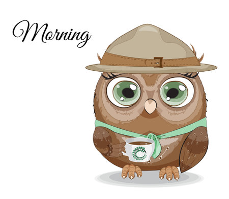 morning sticker, Cute vector owl scout in hat, with cup, picture in hand drawing style, for print design, card, postcardのイラスト素材