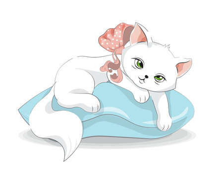 cute baby white cat on blue pillow, pÑcture in hand drawing style for baby shower. Greeting card, party invitation, fashion clothes t-shirt printのイラスト素材