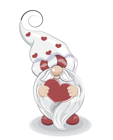 Valentines Day card cute gnome with heart, picture in hand drawing cartoon style for greeting. postcardのイラスト素材