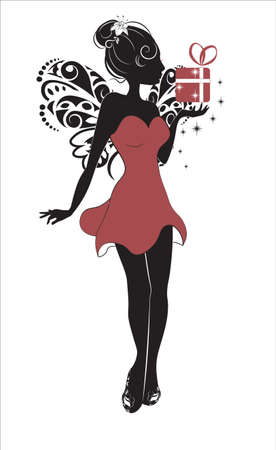 fairy silhouette with gift cardy, black, white, red. picture in hand drawing cartoon style for t-shirt wear fashion print design, greeting card, postcard. baby shower. party invitationのイラスト素材