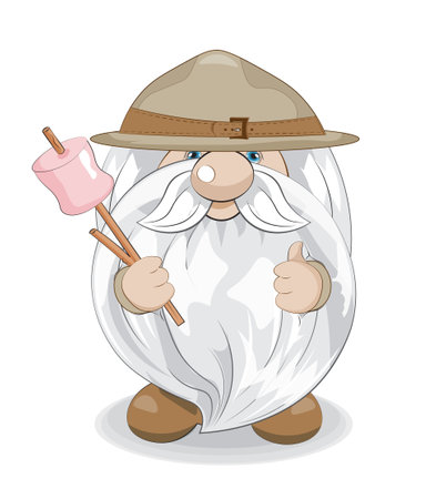 cute gnome scout show like with marshmallows on stick, picture in hand drawing cartoon style for greeting postcard, card, stickers, smilesのイラスト素材