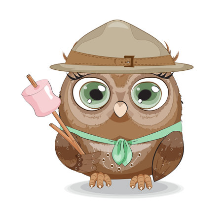 Cute vector owl scout in hat with marshmallow, picture in hand drawing style, for t-shirt wear fashion print design, greeting card, postcard. party invitationのイラスト素材