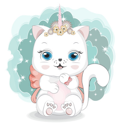 Happy white cat girl, kitten with bow, unicorn horn, picture in hand drawing cartoon style, for t-shirt wear fashion print design, greeting birthday card, postcard. baby shower. party invitationのイラスト素材