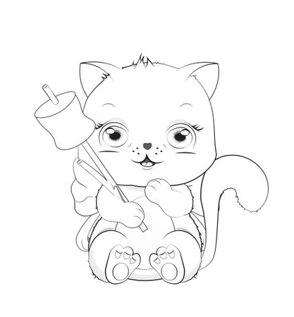 Coloring book white cat girl, kitten with bow, marshmallows on stick, picture in hand drawing cartoon style, for print design, greeting birthday card, postcard. baby shower. party invitationのイラスト素材