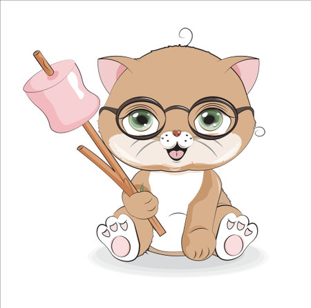 cat in glasses with marshmallows on stick,, picture in hand drawing cartoon style, for print design, greeting birthday card, postcard. baby shower. party invitationのイラスト素材