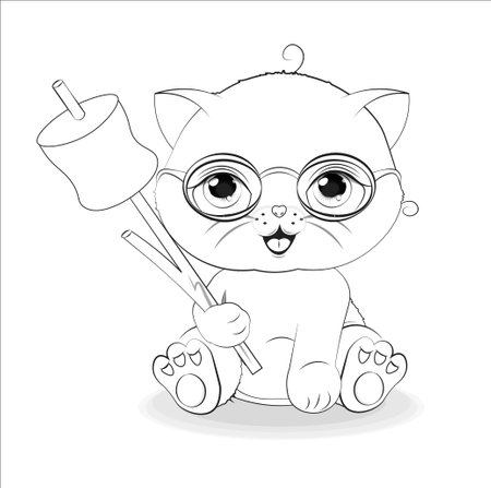 Coloring book cat in glasses with marshmallows on stick,, picture in hand drawing cartoon style, for print design, greeting birthday card, postcard. baby shower. party invitationのイラスト素材