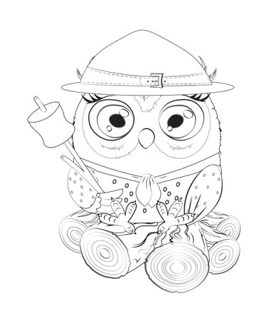 Coloring book Cute vector owl scout in hat with marshmallows on stick on logs, picture in hand drawing style, for t-shirt wear fashion print design, greeting card, postcard. party invitationのイラスト素材