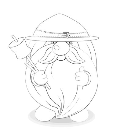 Coloring book cute gnome scout show like with marshmallows on stick, picture in hand drawing cartoon style for greeting postcard, card, stickers, smilesのイラスト素材