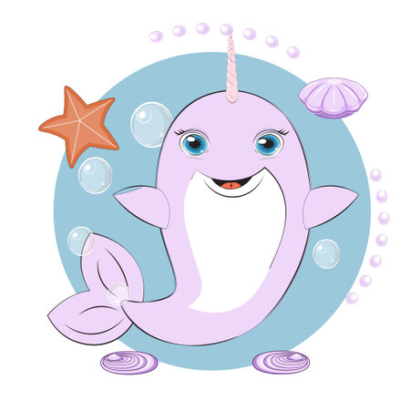 Narwhal with horn have fun in bubble background, picture in hand drawing cartoon style, for t-shirt wear fashion print design, greeting card, postcard. baby shower. party invitatio; water, girl, print, card, fun, character, sweet, art, backgroundのイラスト素材