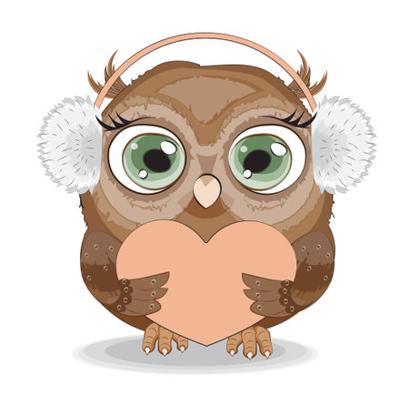 Cute vector Valentines Day card owl in fur headphones, headphoneswith, gift heart, picture in hand drawing style, for t-shirt wear fashion print design, greeting card, postcard. party invitationのイラスト素材