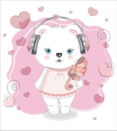 Teddy bear, in headphones, on white hearts background, picture in hand drawing cartoon style, for t-shirt wear fashion print design, greeting card, postcard. baby shower. party invitationのイラスト素材