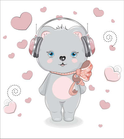 Teddy bear, in headphones, on white hearts background, picture in hand drawing cartoon style, for t-shirt wear fashion print design, greeting card, postcard. baby shower. party invitationのイラスト素材
