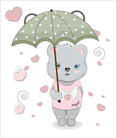 Teddy bear, in Graphic Tee and umbrella, picture in hand drawing cartoon style, for t-shirt wear fashion print design, greeting card, postcard. baby shower. party invitationのイラスト素材