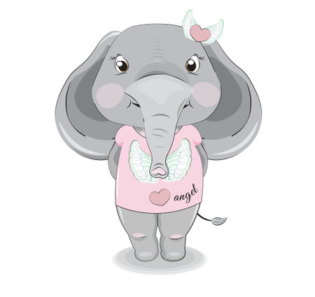 baby elephant n pink Graphic Tee with angtel wings and heart picture in hand drawing cartoon style, for t-shirt wear fashion print design, greeting card, postcard. baby shower. party invitation.のイラスト素材