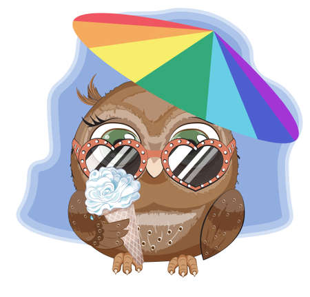 Hello summer baby owl in sunglasses and ice cream under beach umbrellao, picture in hand drawing cartoon style, for greeting card, postcard. baby shower. party invitation.のイラスト素材