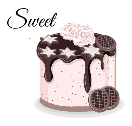 cheesecake cake with chocolate cookies, picture in hand drawing cartoon style, for t-shirt wear fashion print design, greeting card, postcard. baby shower. party invitationのイラスト素材