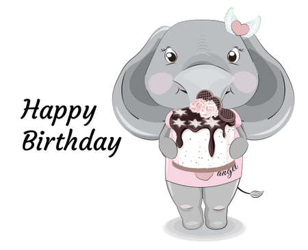 baby elephant n pink Graphic Tee with happy birthday cake picture in hand drawing cartoon style, for t-shirt wear fashion print design, greeting card, postcard. baby shower. party invitation.のイラスト素材