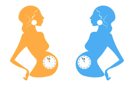 pregnant woman blue and pink silhouette, with clock dial on stomach, last tpimester, 36-40 weekのイラスト素材