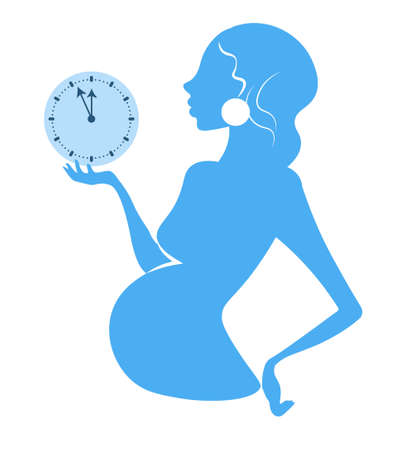 pregnant woman blue silhouette, with clock dial on hand and big abdomen, last pregnancy trimester, 36-40 weekのイラスト素材