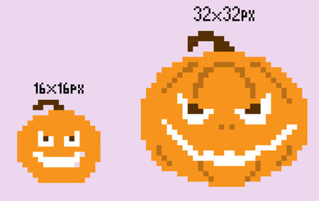 fav icon 16x16 px, icon 32x32 px, pixel-style vector image, Halloween scary pumpkinのイラスト素材