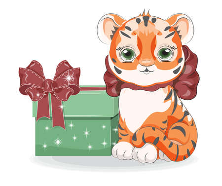 cute baby tiger symbol 2022, 2034 haooy new year with bow znd gift, picture in hand drawing cartoon style, for t-shirt wear fashion print design, greeting card, postcard. baby shower. party invitationのイラスト素材