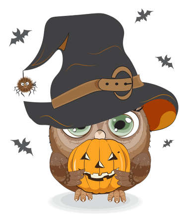 Halloween baby owl girl in witch hat and spider and pumpkin, Picture in hand drawing style, for t-shirt wear fashion print design, greeting card, postcard. party invitationのイラスト素材