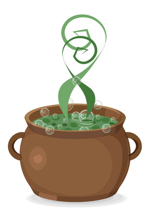 witchs pot with green hel, sup and bubbles, Halloween decoration, clay or metal potのイラスト素材