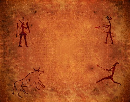 prehistoric paint on brown grunge backgroundの写真素材