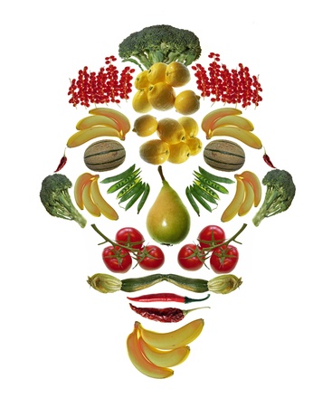 fruit and vegetables face on white backgroundの写真素材
