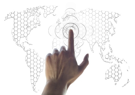 hand and world map digital searching conceptの写真素材