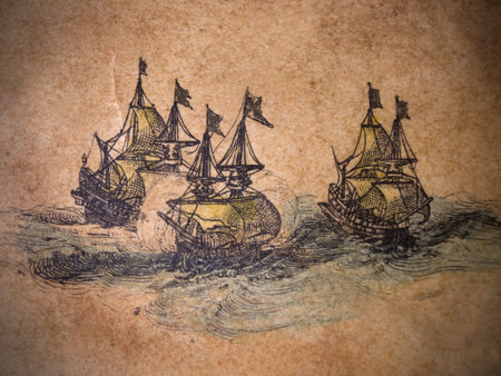 three ink ships on old sheet