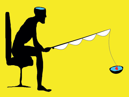 human silhouette and fishing pole on yellow backgroundの写真素材