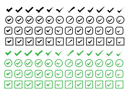 Check Marks Icons set, empty middle black and green flat tick symbol for checklistのイラスト素材