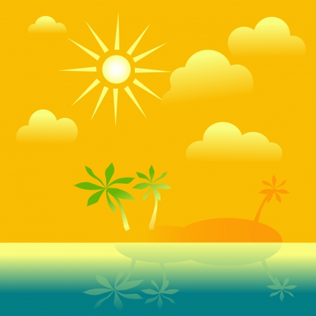 The island with palm trees,The yellow sky with the sun and cloudsのイラスト素材