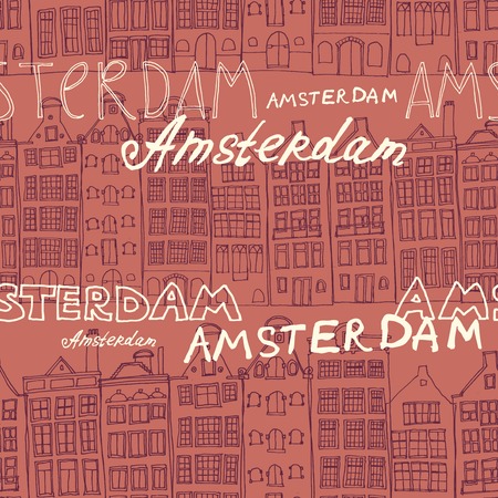 Seamless sketchy amsterdam holland background. Row of old housesのイラスト素材