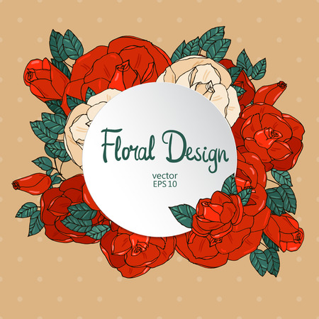 Floral vector frame with red garden roses and place for your text.のイラスト素材