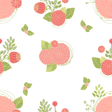 Seamless pattern with round abstract flowers and green leaves on white backgroundのイラスト素材