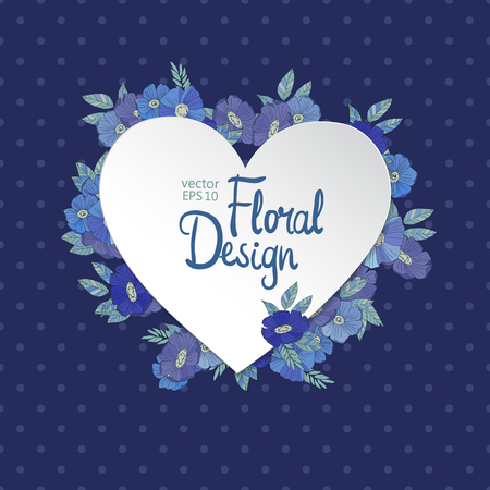 Blue floral border made with wildflowers and heartshaped label with place for your text on polka dot background. Good for invitations, greeting cardsのイラスト素材
