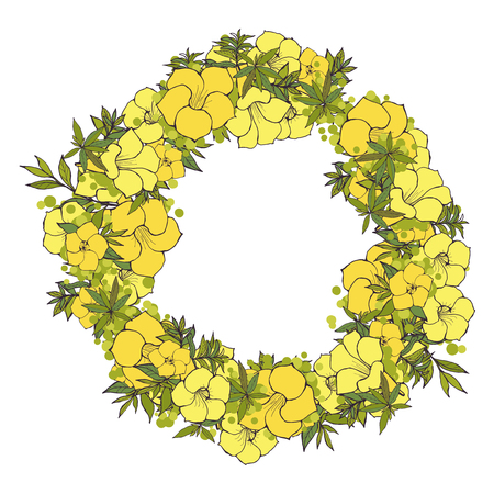 Floral Frame. yellow exotic flowers arranged un a shape of the wreathのイラスト素材