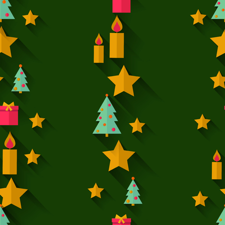 Vector seamless pattern. Christmas trees candles and stars on green background. Flat designのイラスト素材